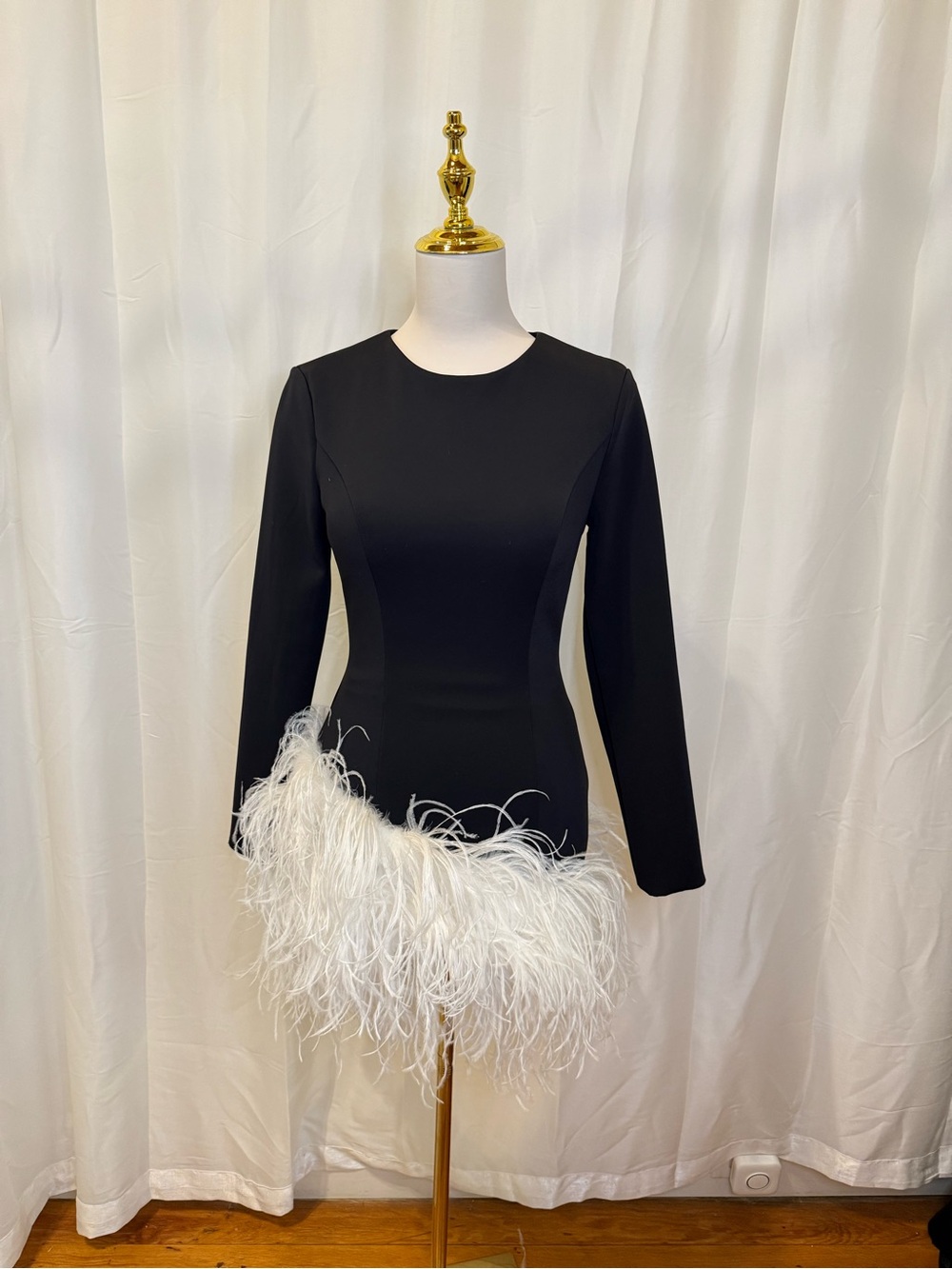 Black Long-Sleeve Mini Dress with White Feather Trim